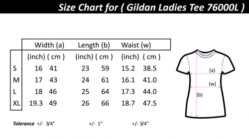 Size chart for Ladies' tees